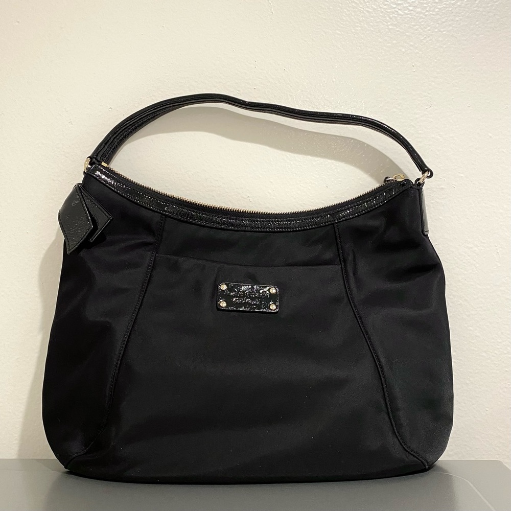 Kate Spade Black Nylon Side Bow Shoulder Bag / Purse w/ Polka Dot Lining